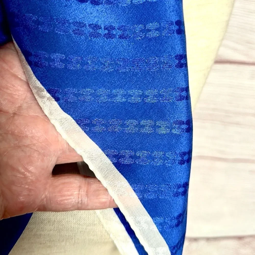 Silk Square Scarf Blue Jacquard White Trim made in Japan 31x31”